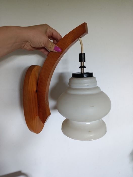Lampa kinkiet klosz wisząca PRL drewno szkło