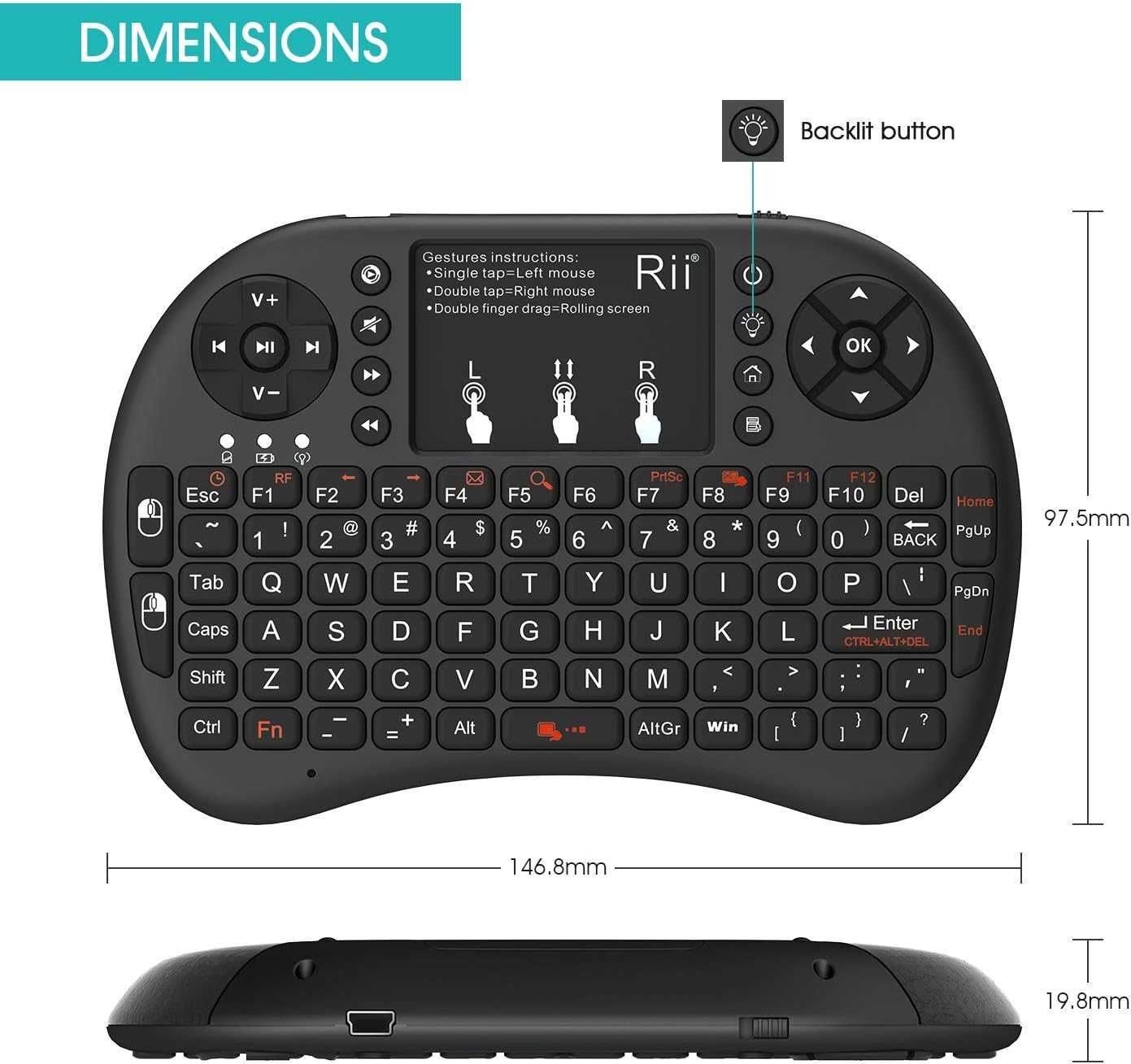 Rii Mini i8+ mini czarna klawiatura bezprzewodowa z myszą touchpada