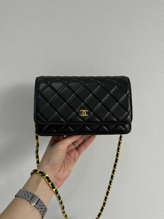 Сумка клатч Chanel Classic Wallet шкіряна | чорна золото срібло