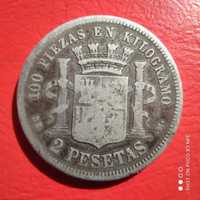 Moneta srebrna stara Hiszpania 2 pesety 1870 srebro ag