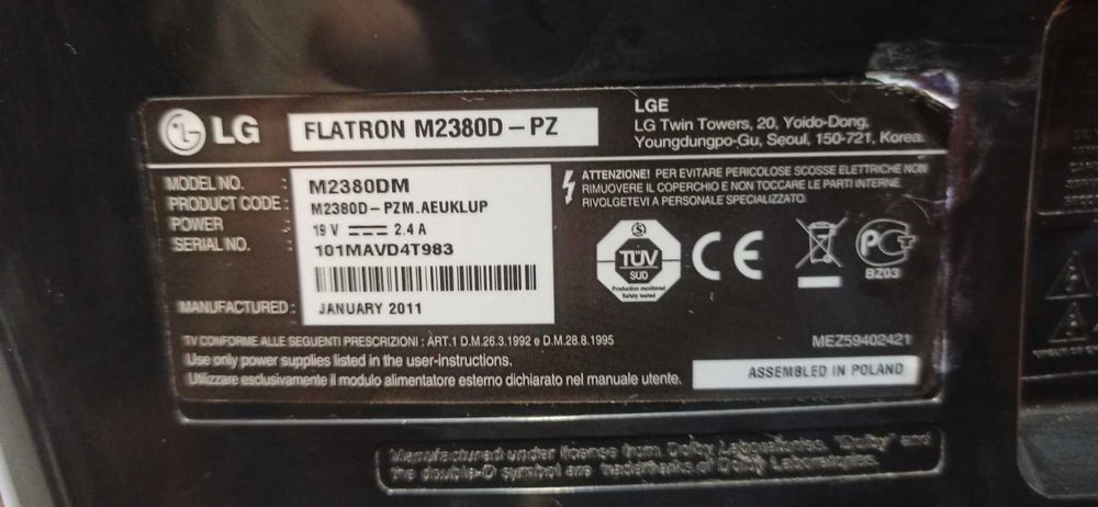 Телевизор / Монитор С LED-подсветкой LG M2380D-PZ, Full HD (1920x1080)