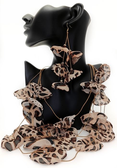 Komplet Biżuterii Naszyjnik Kolczyki Panterka Safari Boho Szyfon Długi