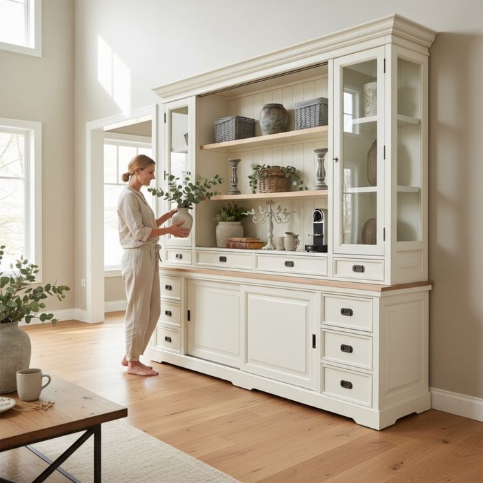 Kredens drewniany farmhouse duży XXL biblioteka otwarty przesuwne