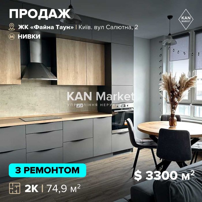 Продаж 2к квартири 74,9 м² з готовим ремонтом у Файна Таун