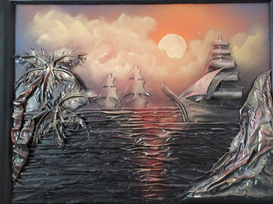 Obraz ze skóry skórzany  30-letni w drewnianej ramie 75x60cm morze