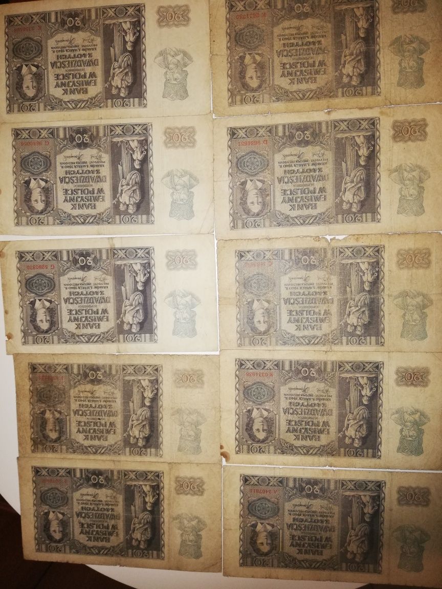 Okazja 10 sztuk banknotów 20 zloty 11940 rok