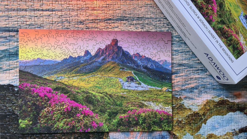 Puzzle drewniane Adawoo Zachód słońca w górach.