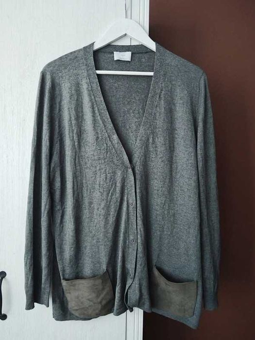 Marina Rinaldi szary kardigan kieszenie zamsz dobry naturalny skład
