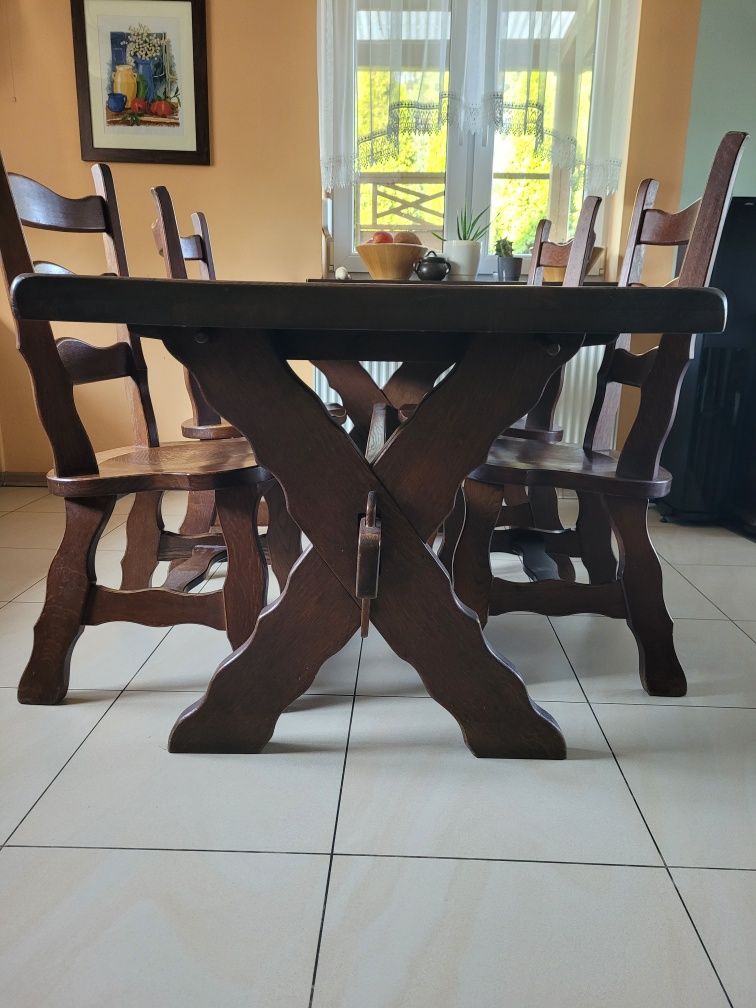 Stół drewniany dębowy ryflowany, 180 cm x 87, 4 krzesła