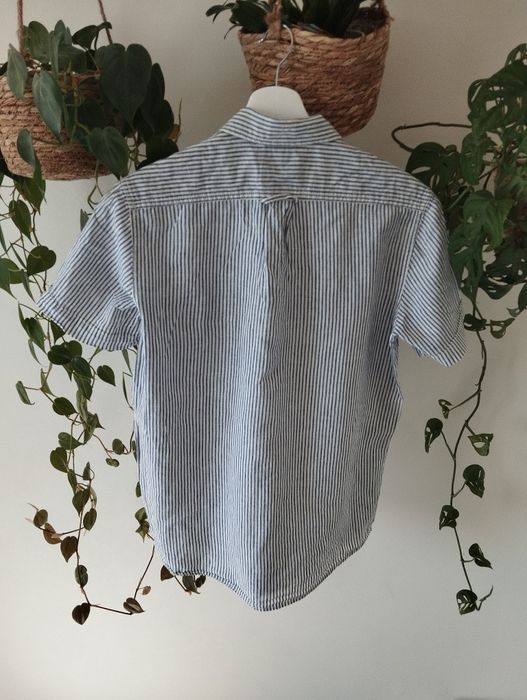 Wiosenna, letnia koszula w niebieskie prążki, krótki rękaw, kieszonka,