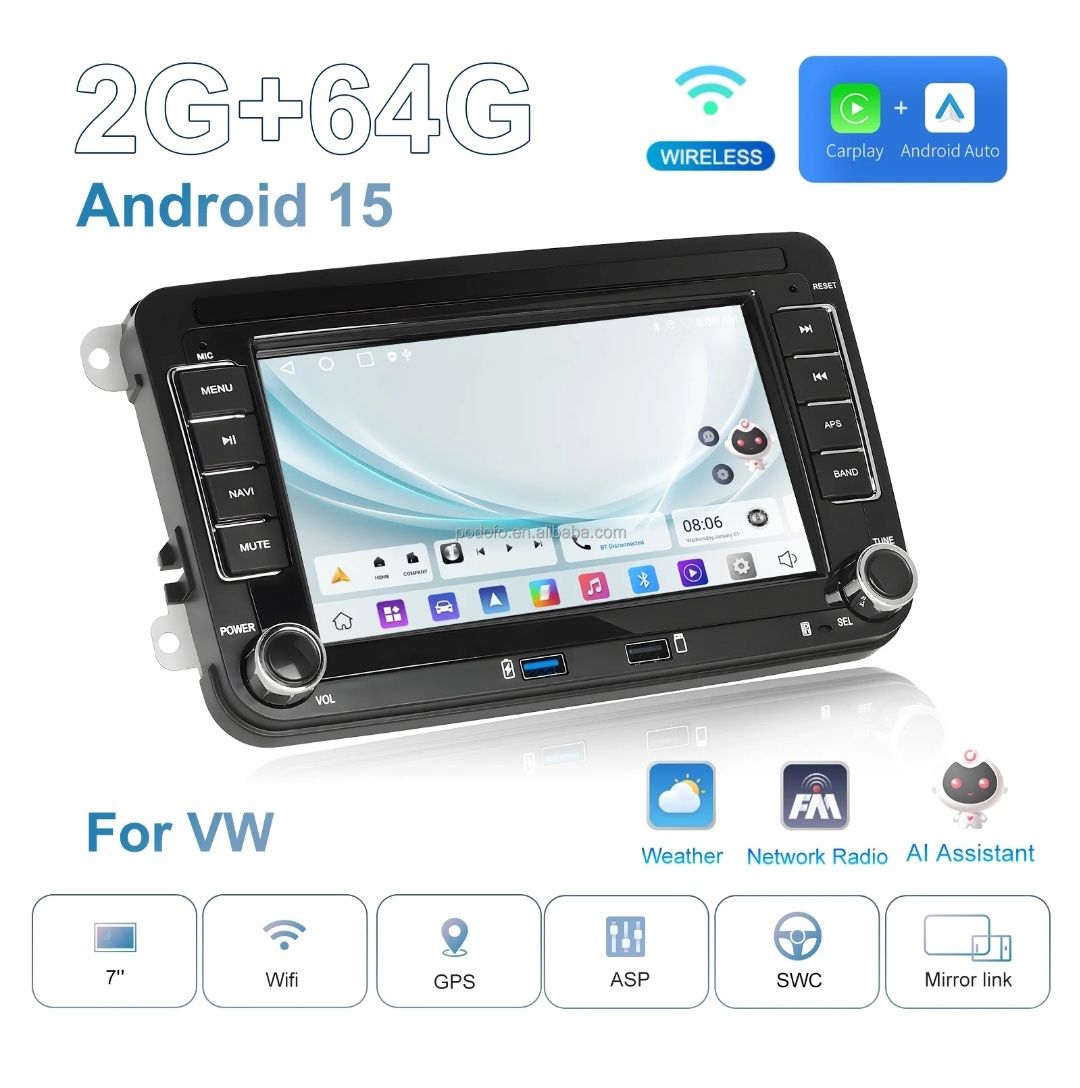 Rádio Volkswagen Skoda Seat Android 15 com Carplay GPS WiFi BT 2/64GB