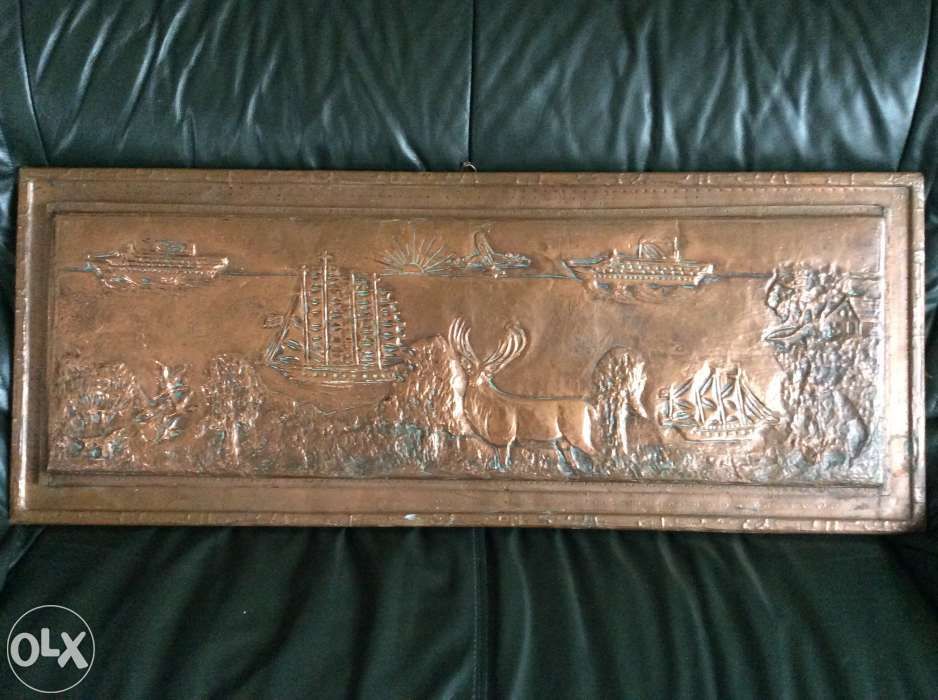 Antyk Stary duży obraz relief płaskorzeźba z miedzi ręcznie wykonany