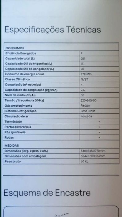 Frigorífico de encastre novo (menos 1 ano uso)