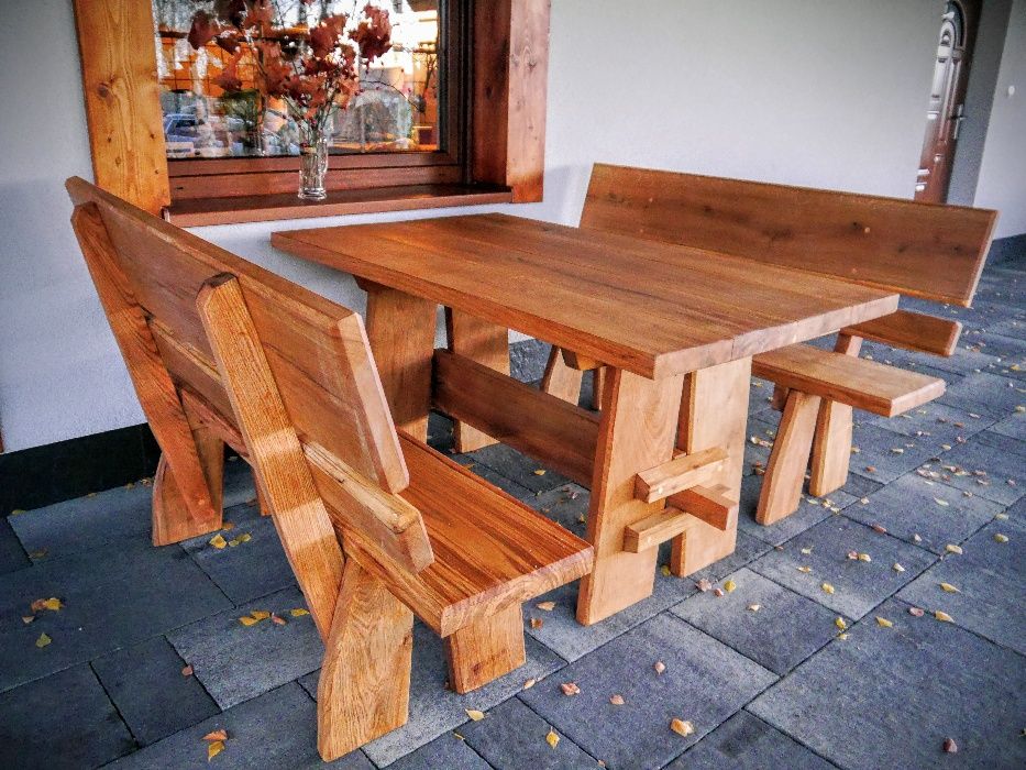 komplet zestaw DREWNIANYCH mebli ogrodowych STÓŁ, ŁAWKI na taras