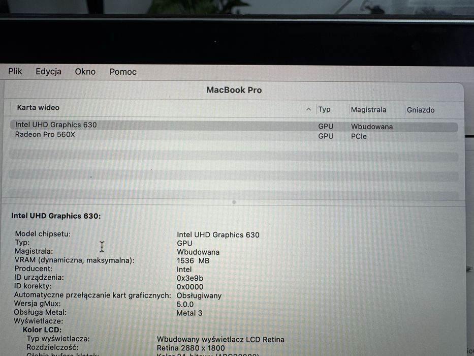 MacBook Pro 15” 2018/ i7/ 16GB/ 512GB SSD. 21 Cykli ładowań