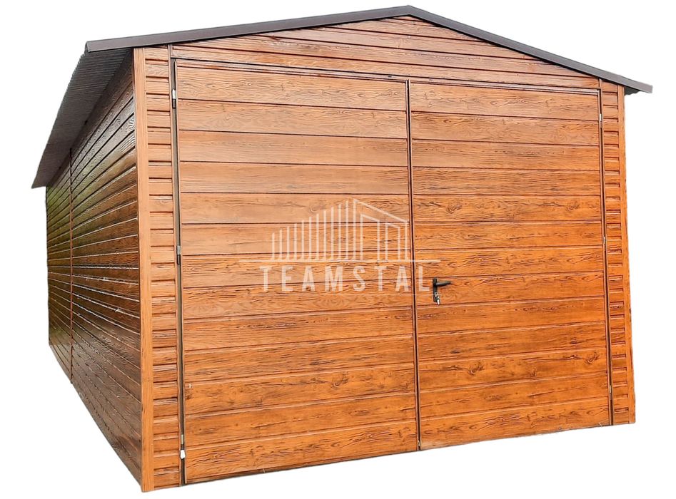 GARAŻ BLASZANY 3,4m x 7m dwuspad Brama orzech drewnopodobny TS286