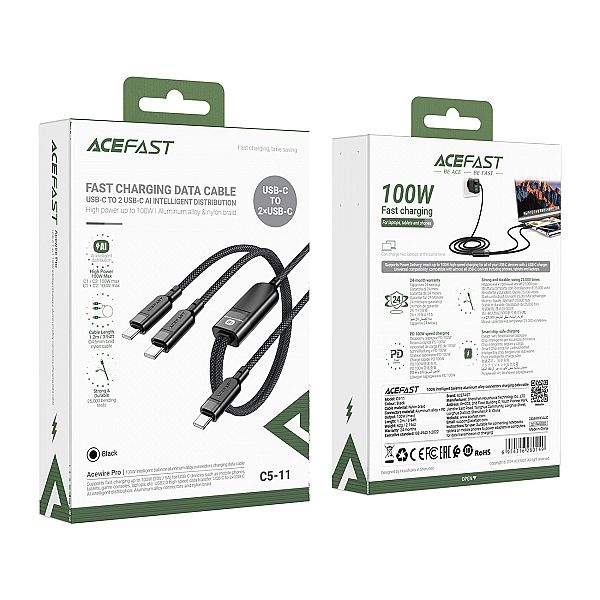 Kabel Acefast C5 USB-C - USB-C / USB-C 2w1/100W 480Mb/s - czarny