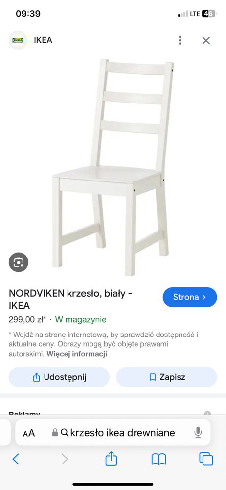 Krzesło drewniane białe IKEA NORDVIKEN stan bdb