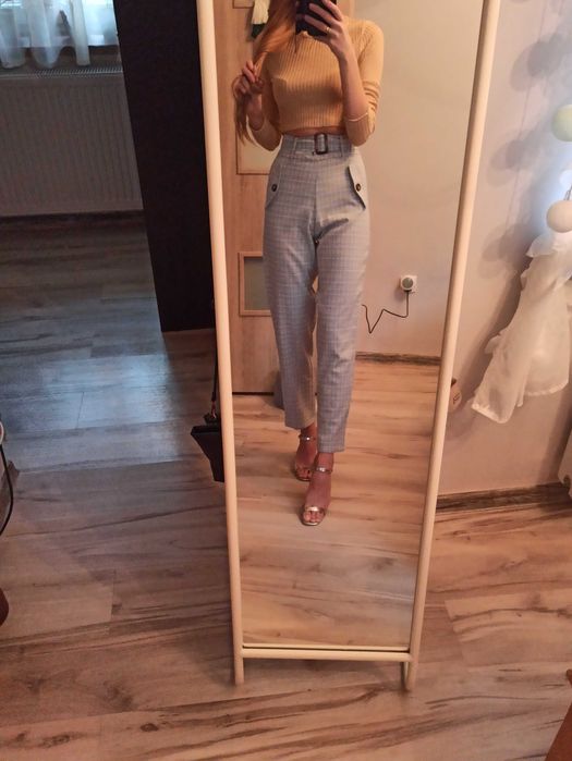 Spodnie damskie wysoki stan kratka błekitne pasek klamra XS rurki