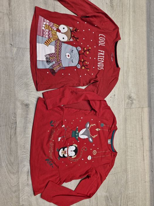 2x bluzeczka bluzka długi rękaw Święta Christmas czerwona r.134 zestaw