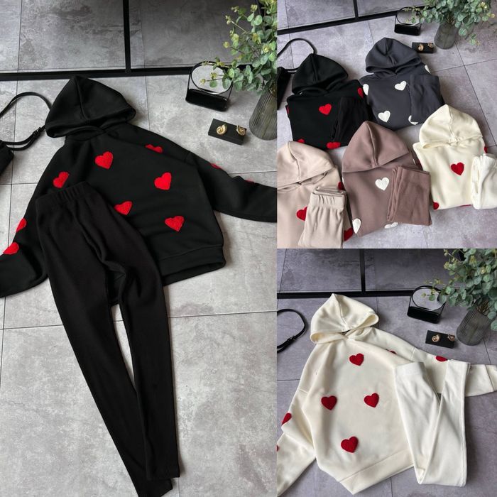 Женское худи на флисе с капюшоном+лосины Жіночий костюм в сердечко
