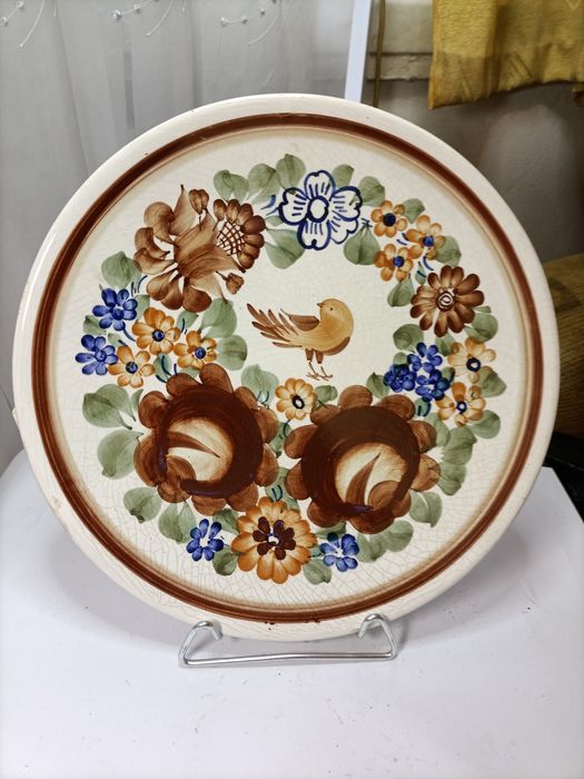 Fajans Włocławek duży malowany talerz z ptaszkiem 31 cm