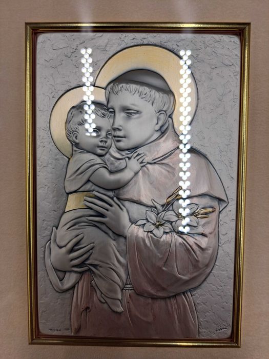 Obraz srebrny święty Antoni z dzieciątkiem Jezus wypukły plater ASA