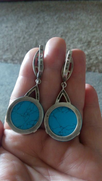 Сережки серебряные и золотыми пластинками, с бирюзой . Классные!