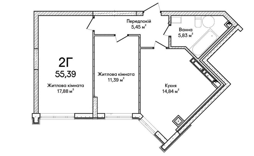 Продам 2-кімнатну квартиру 55.39 м² — Будинок 28, 1 поверх
