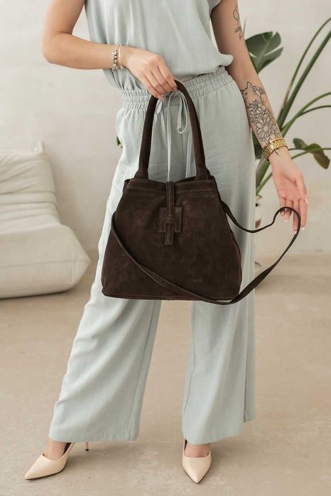 Torebka damska skórzana zamsz czekoladowy brąz