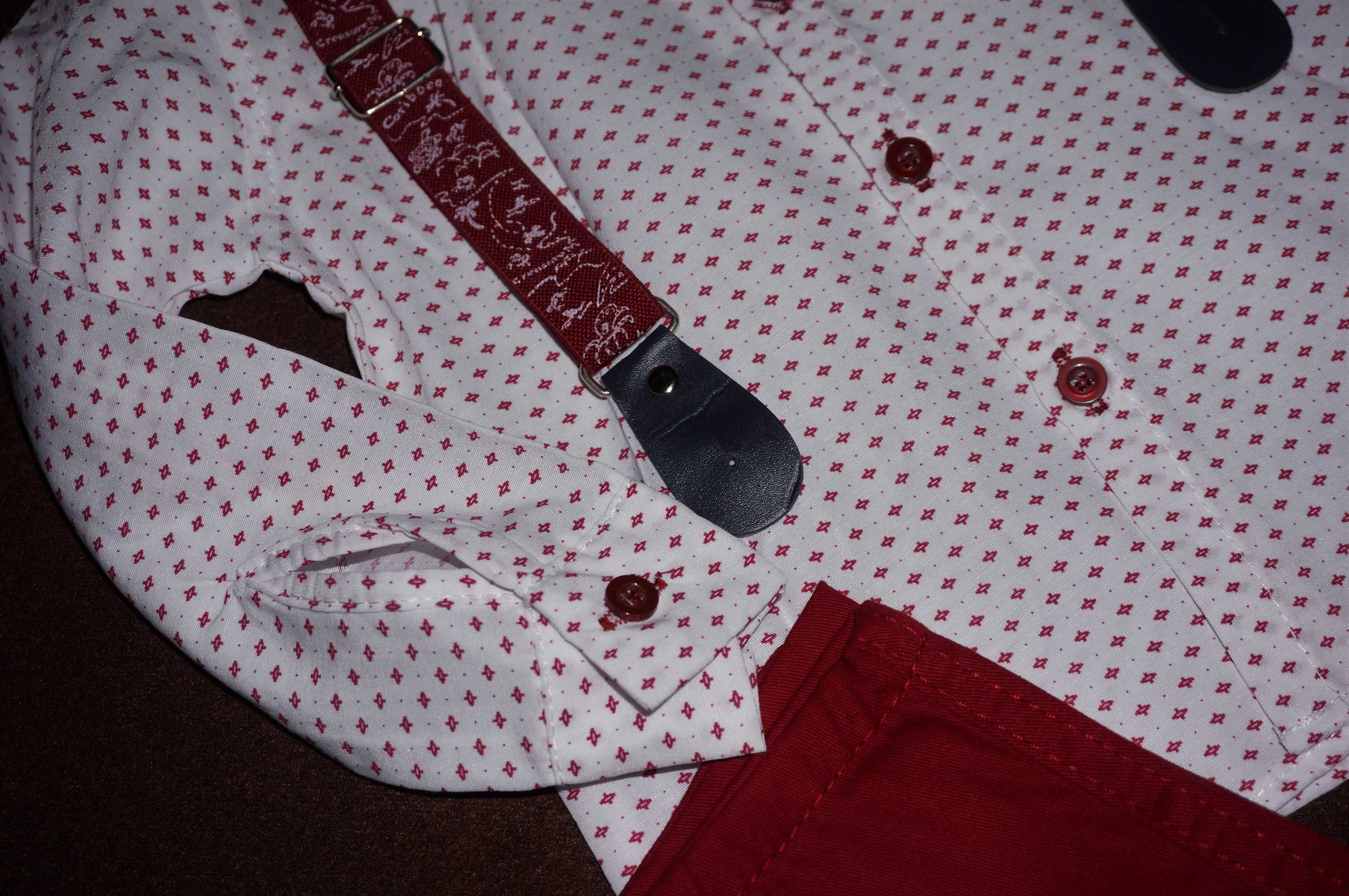 Czerwony KOMPLET chłopięcy 92 koszula spodnie mucha szelki