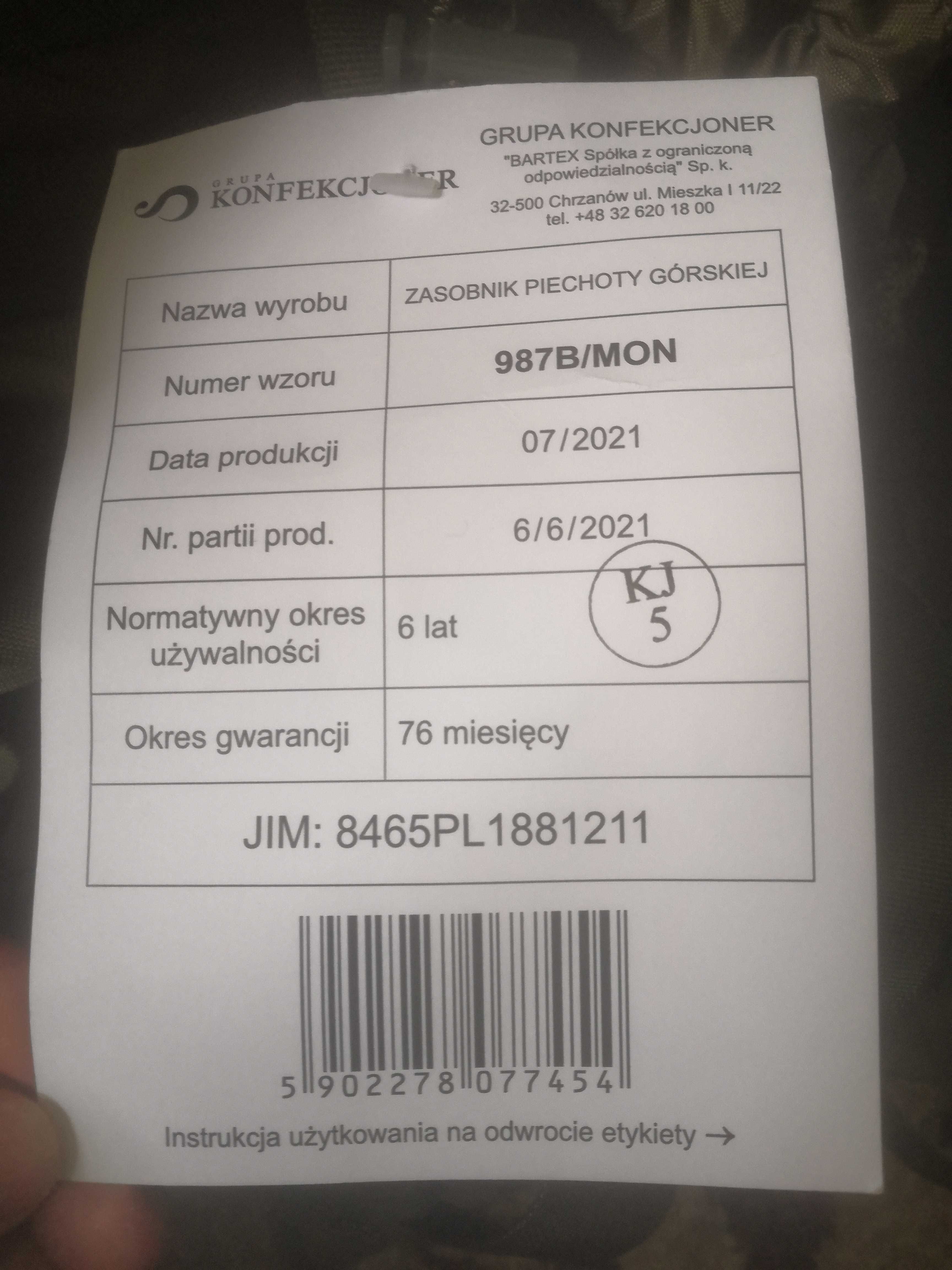 Plecak/ ZASOBNIK piechoty górskiej 987B/MON