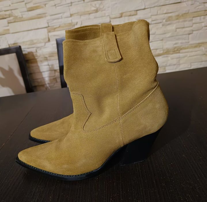 ZARA botki sztyblety skóra skórzane zamsz karmelowe beż BDB rozm. 42