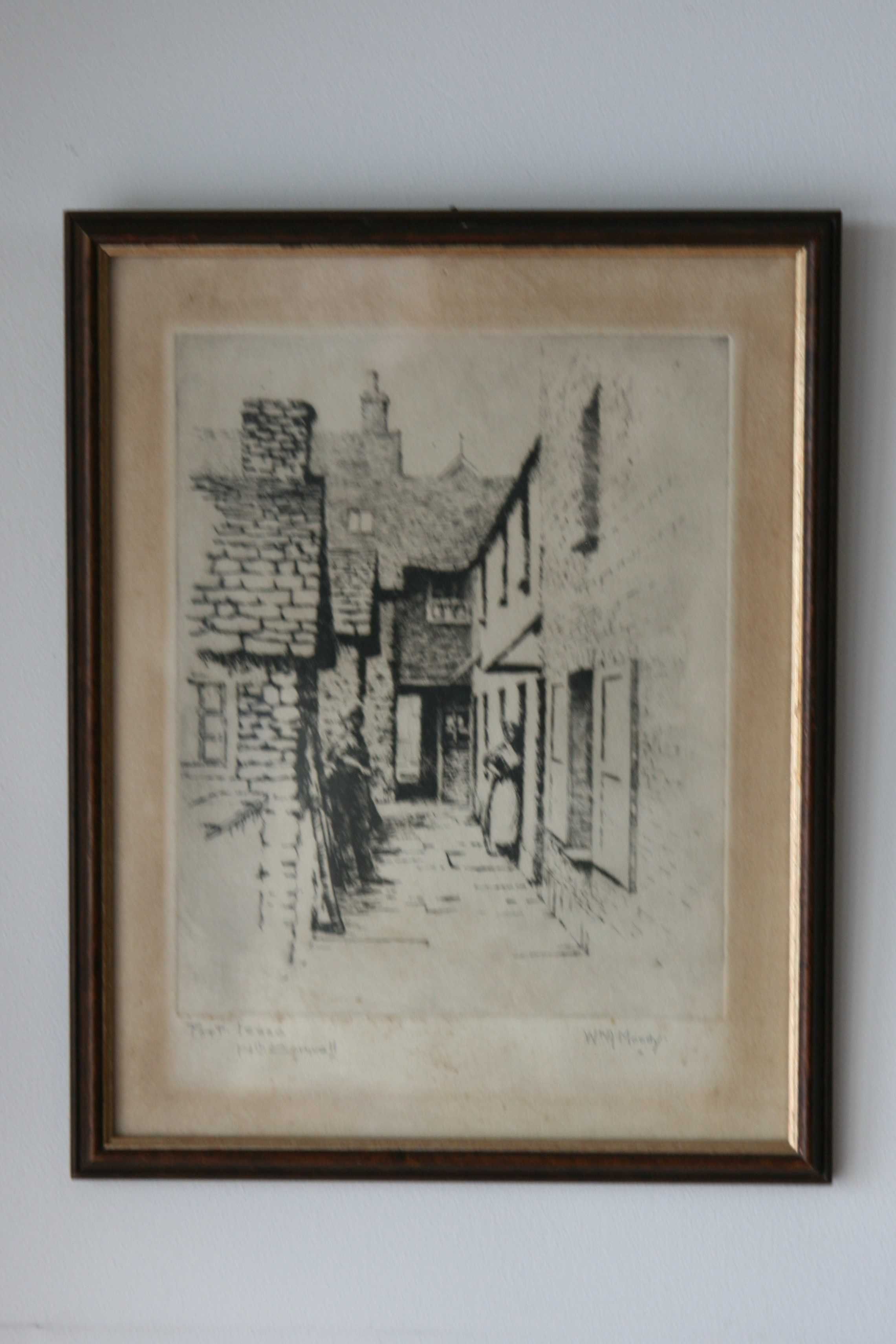 Akwaforta W. A. Moody Port Isaac w Kornwalii, połowa XX  w.