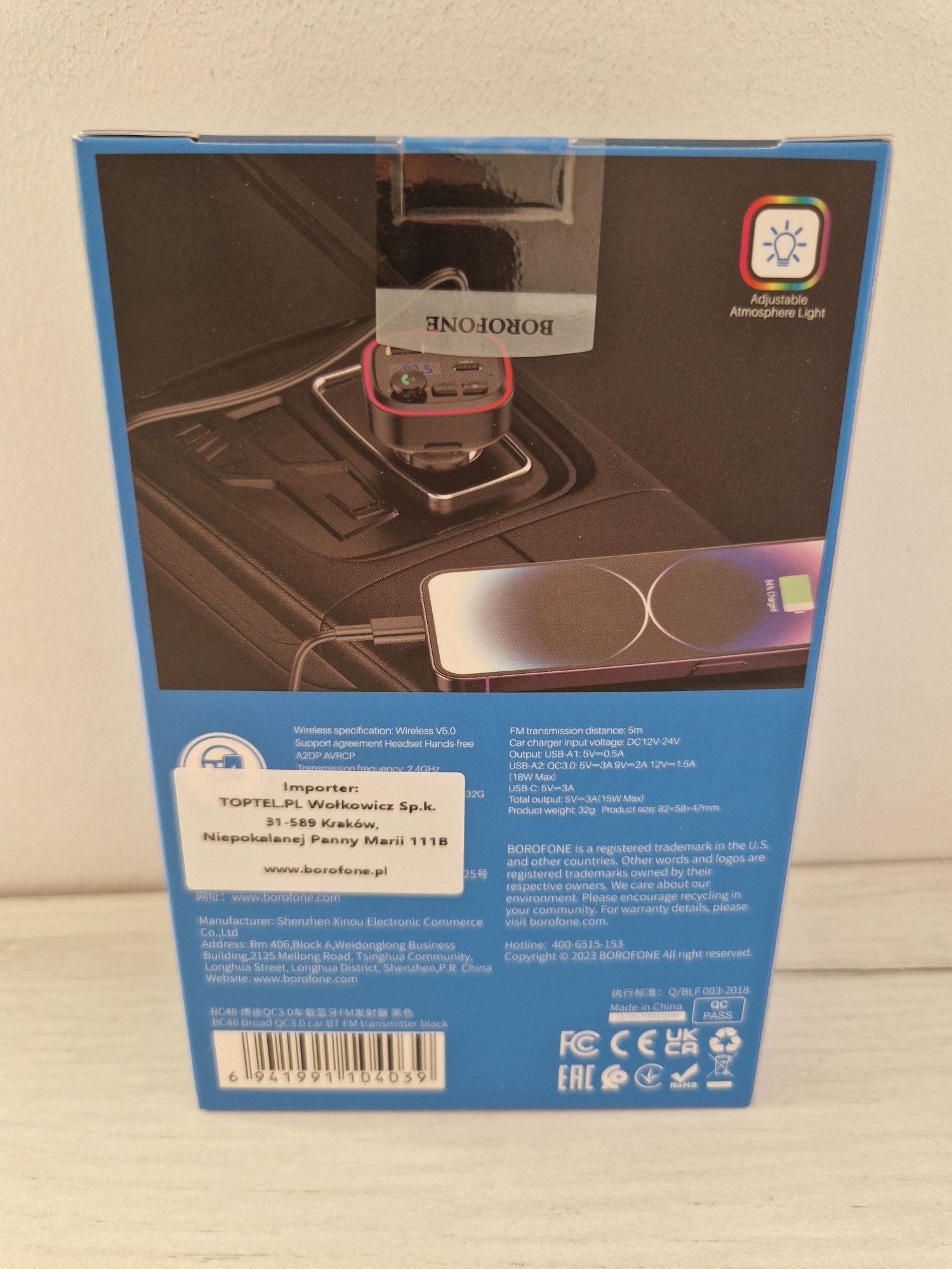 Transmiter FM BC48 Broad MP3, Bluetooth - 2xUSB + Typ C - QC 3.0 18W