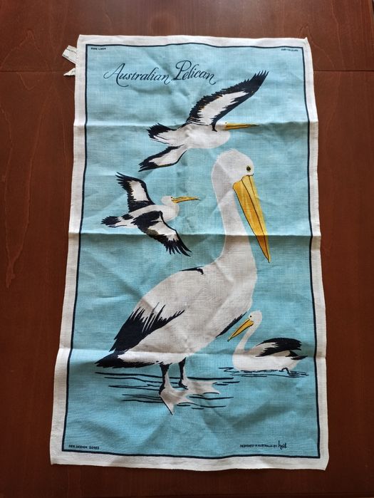 Stara lniana ściereczka makatka pelikan PRL vintage grafika Polska len