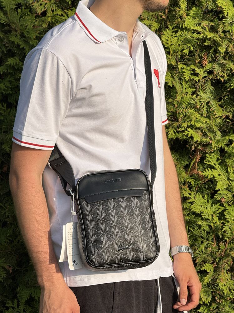 Сумка Lacoste через плечо мужская месенджер Лакост кожаный чорний літо