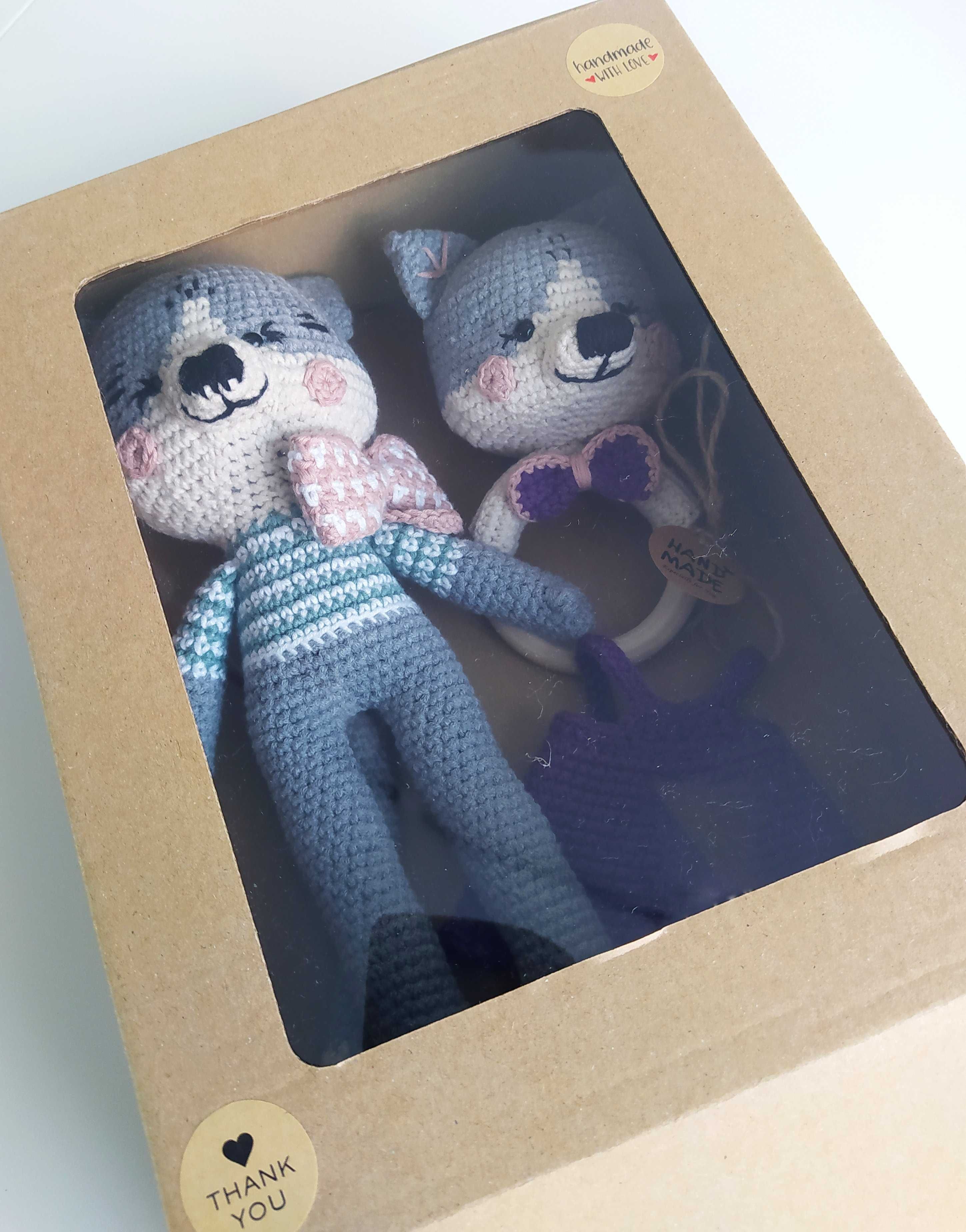 Komplet kotek + chwytacz - rękodzieło amigurumi - prezent