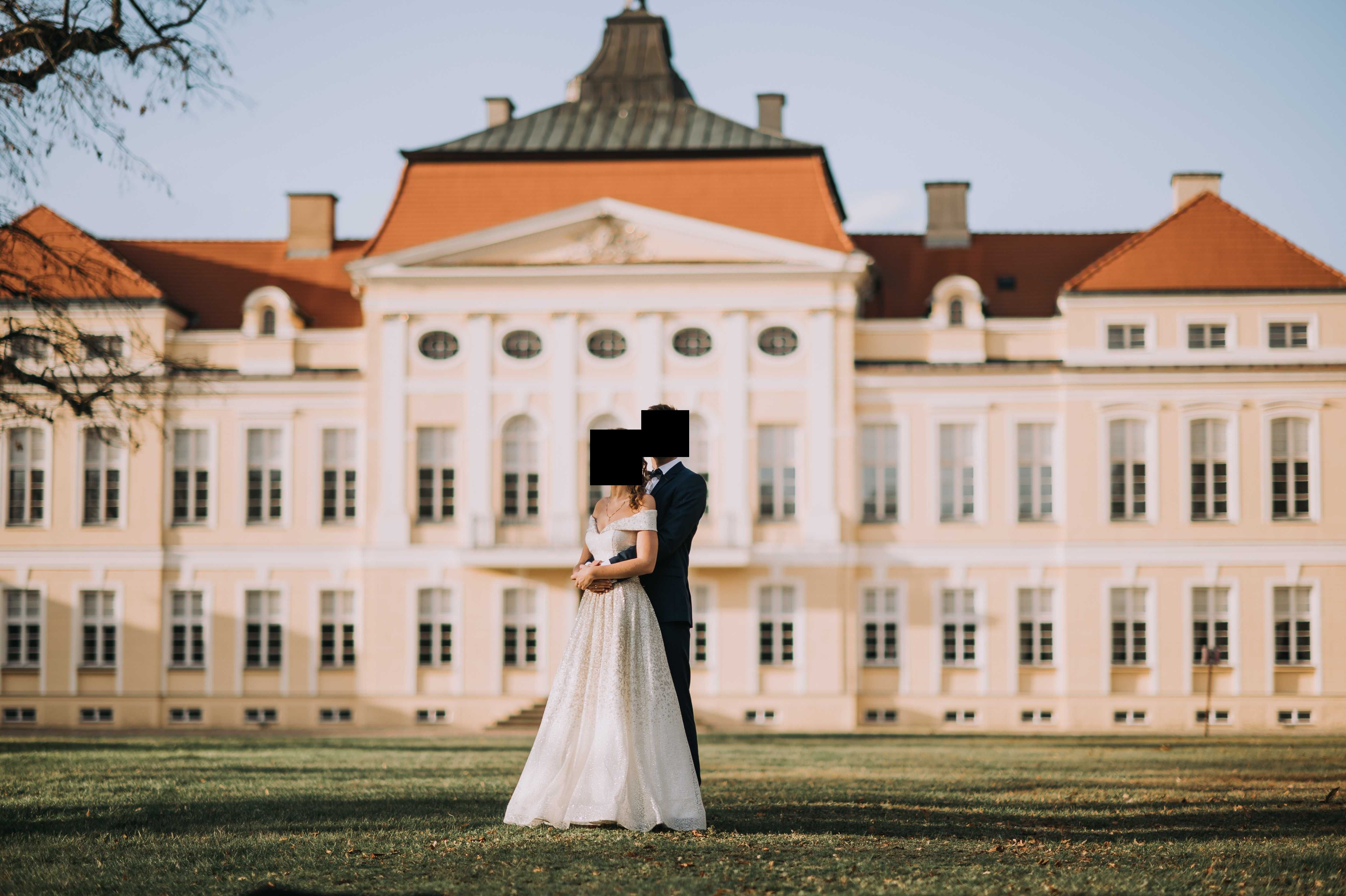 suknia ślubna złota typu księżniczka princessa brokatowa