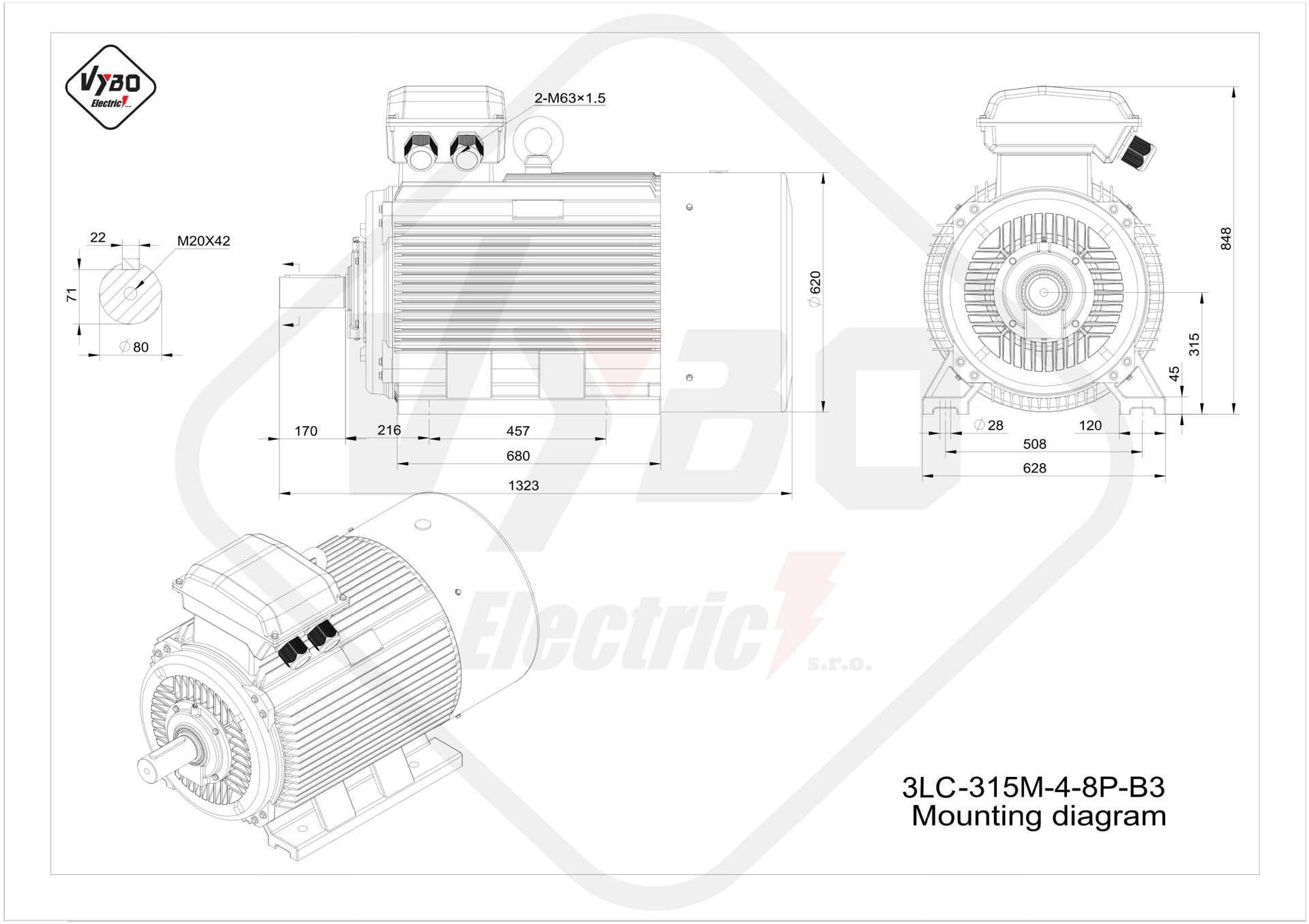 silnik 3-fazowy 90kw 990rpm 160/95A 400/690V LC315M6 VYBO Electric EU