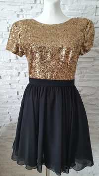 sukienka rozmiar M czarna złote cekiny rozkloszowana studniówka wesel