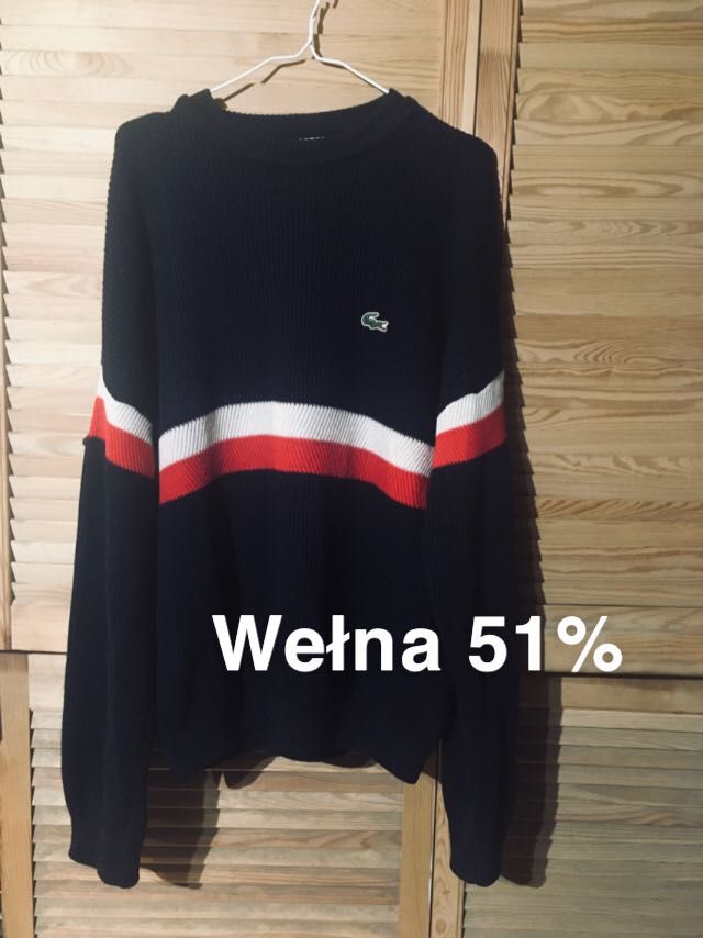 Sweter lacoste wełniany oryginalny ciemny granat paski vintage xxl