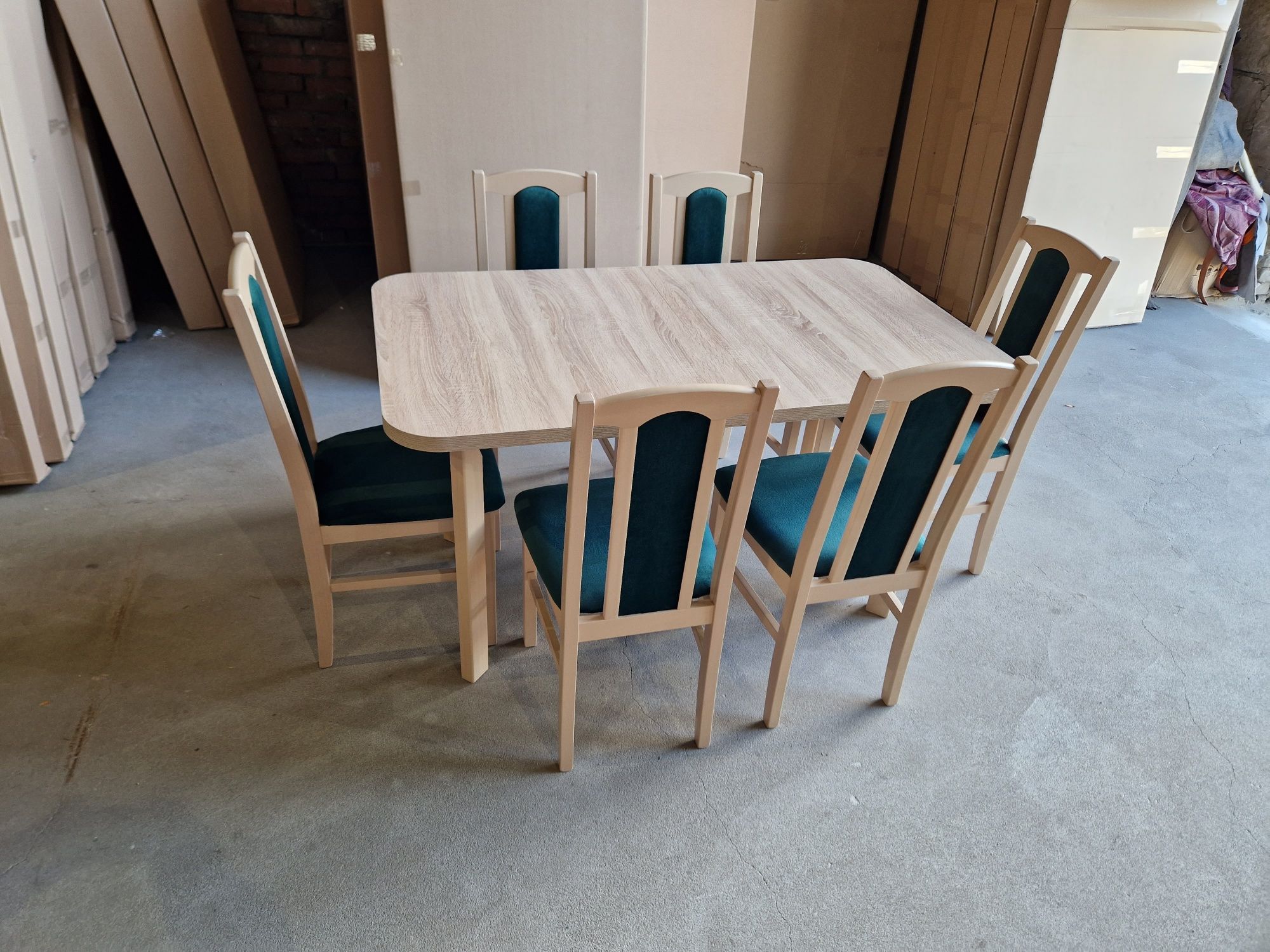Nowe: Stół 80x140/180 + 6 krzeseł, sonoma + zielony, dostawa cała PL