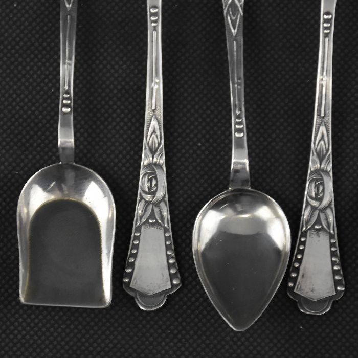 Conjunto de 6 colheres de chá+pá de açúcar, Arte nova prata portuguesa