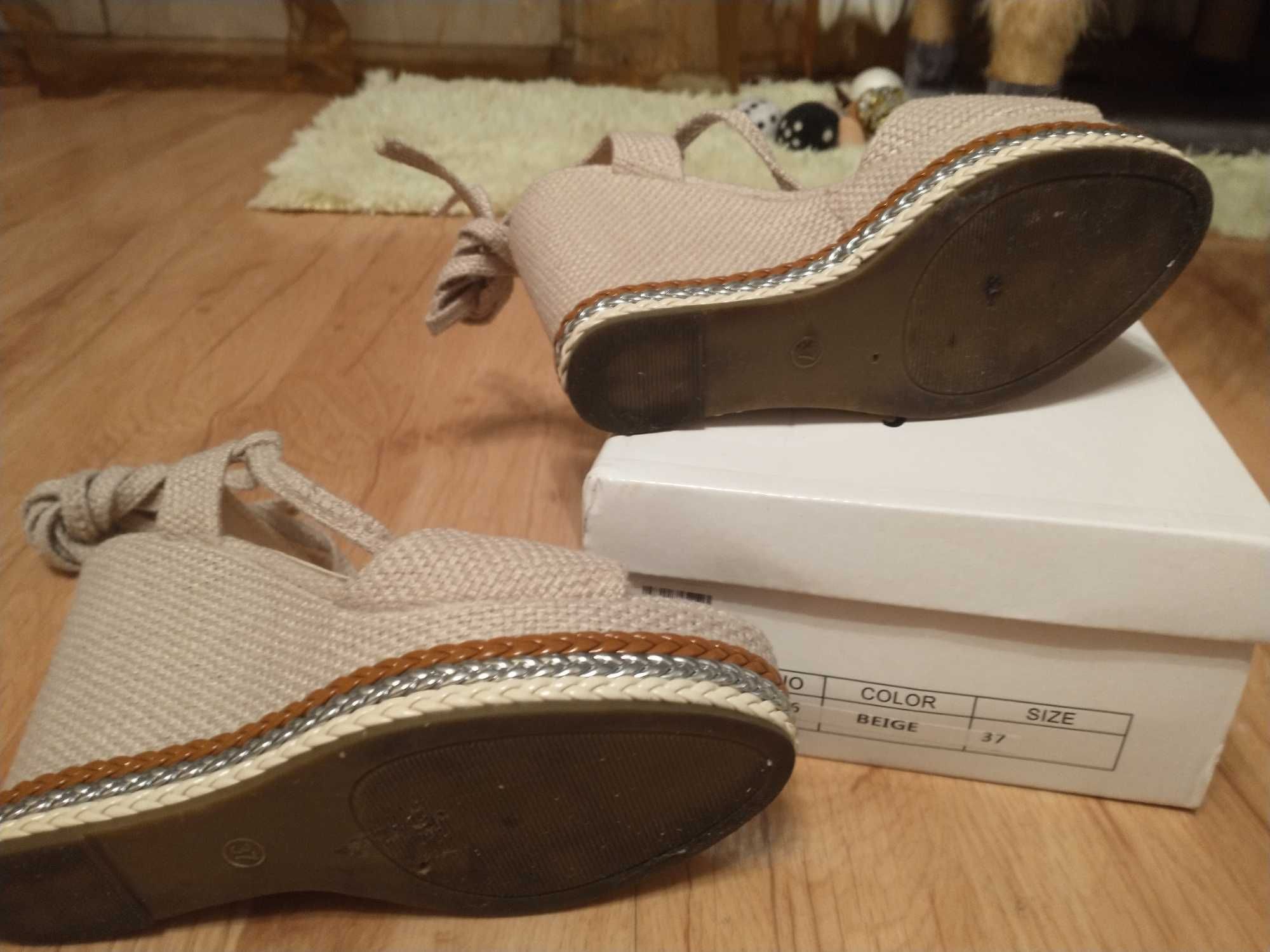 Espadryle koturny sandały damskie beżowe wiązane w kostce Mulanka 37