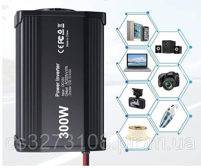 Перетворювач напруги LEICESTERCN 300W Інвертор (12V-220V, 2x USB 2.4A,
