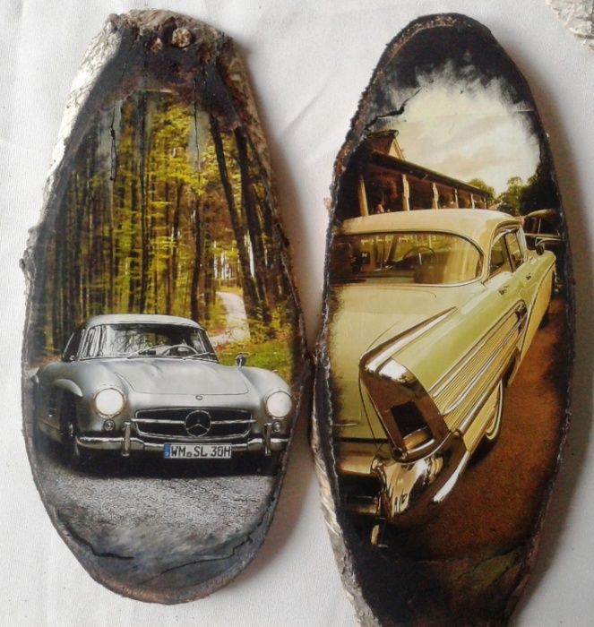 Серия картин на срезе дерева "Ретроавтопарк" декупаж ручная работа