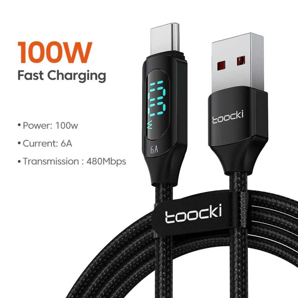 Kabel Ładowania 2m USB-C USB-A 100W LED - Toocki Przewód Oplot Czarny