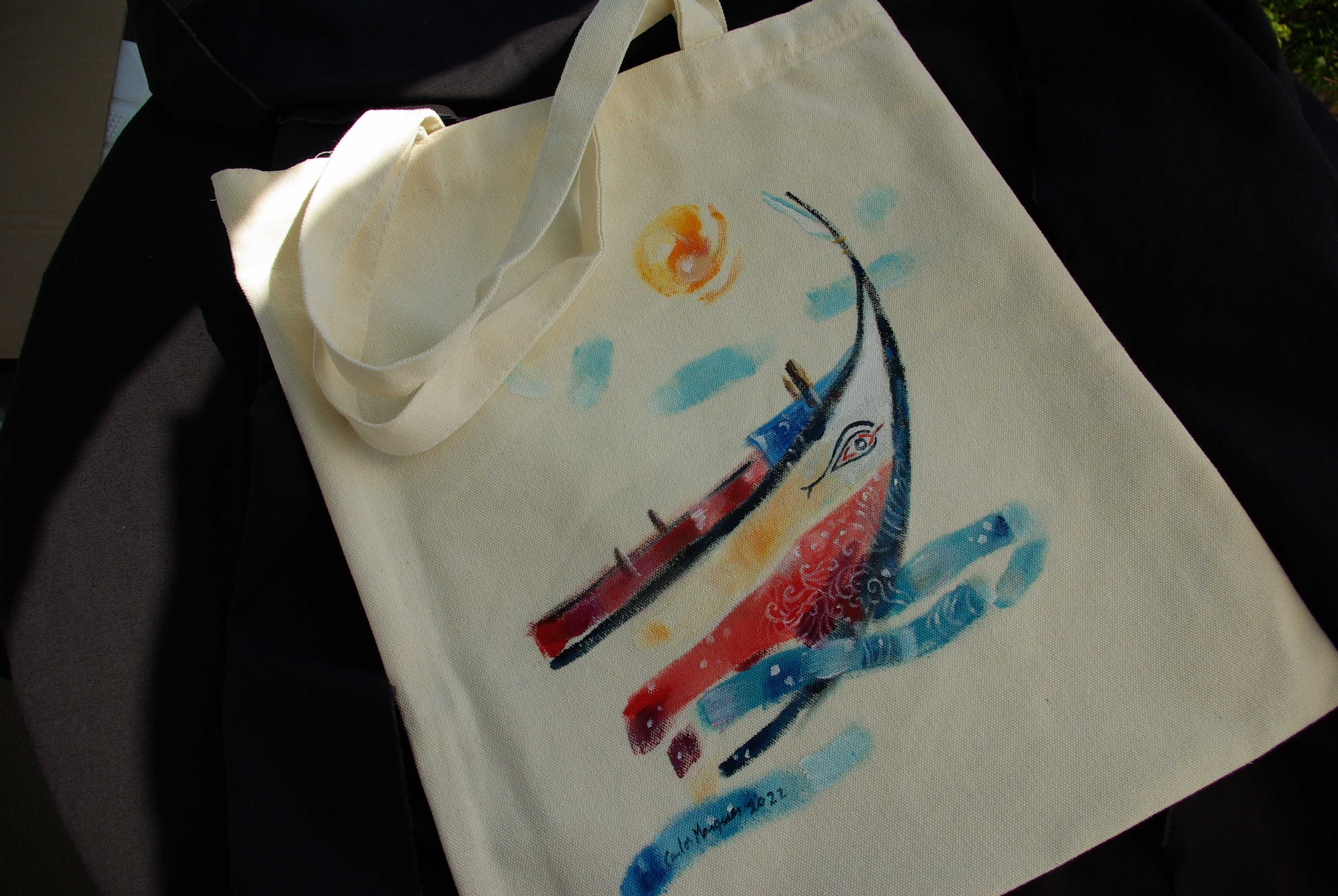 Tote Bag - Saco - Pintado à mão. Barco Costa da Caparica