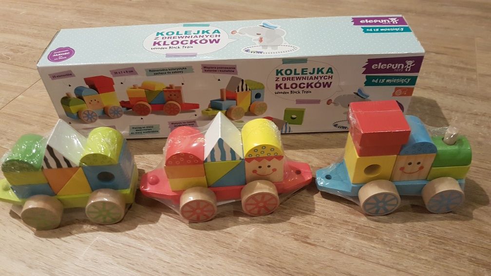 Kolejka z drewnianych klocków elefun 18m+ Nowa